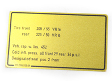 Adesivo pressione pneumatici. Porsche 911 Turbo (1976-77) USA - 91100651209