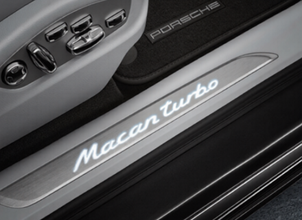 Side Sills Trims in Brushed Aluminium with Logo, Illuminated. Porsche Macan - 95B04480110, 95B04480111, 95B04480112