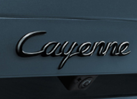 'Cayenne' rear lid badge, in Black (high-gloss). Porsche 9YA Cayenne / S Coupe - 9Y004487021041, 9Y004487021