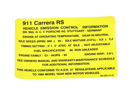 Sticker for engine specification. Porsche 993 Carrera RS - 99300610704