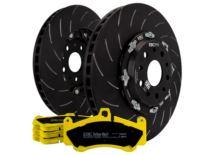 EBC Racing Two-piece floating brake disc and yellowstuff pad kit. Porsche 991 turbo / 981 Cayman GT4 - P2DK045Y, 99135140502, 99135140602, 99135194704, 99135240703, 99135240803, 99135294705 - DP42206R, DP42207R, SG2F012, SG2F016