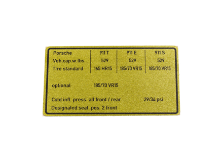 Adesivo pressione pneumatici. Porsche 911 1972-1973 *Specifiche USA. - 91100651201, 91100651202, 91100651220 Adesivo pressione pneumatici. Porsche 911 1972-1973 *Specifiche USA. - 91100651201, 91100651202, 91100651220