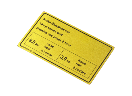 Sticker Tyre Pressure. Porsche 911 Turbo 78-89 - 90100650501 Sticker Tyre Pressure. Porsche 911 Turbo 78-89 - 90100650501