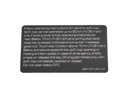 Convertible Roof Safety Sticker - English. Porsche 987 Boxster 2005-12 - 98770140107