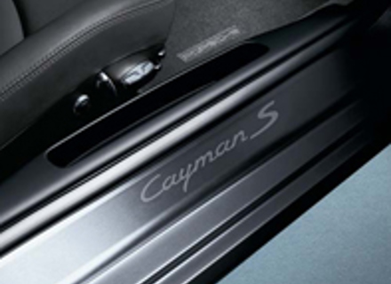 Side Sills Trims in Stainless Steel with Logo. Porsche 987C Cayman - 98704480042, 98755198007, 98755198017, 98704480041, 98755198006, 98755198016