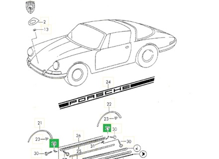 Side sill panel end caps, Chrome. Porsche 911 1968-73 - 90155911150, 911287-04, 90155911250, 911287-03, 90155911350, 911287-03, 90155911450, 911287-04