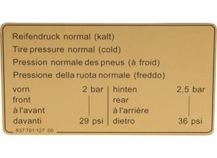 Sticker bandenspanning. Porsche 911 1984-89 / 924 / 944 - 93770112700 - 1601500906